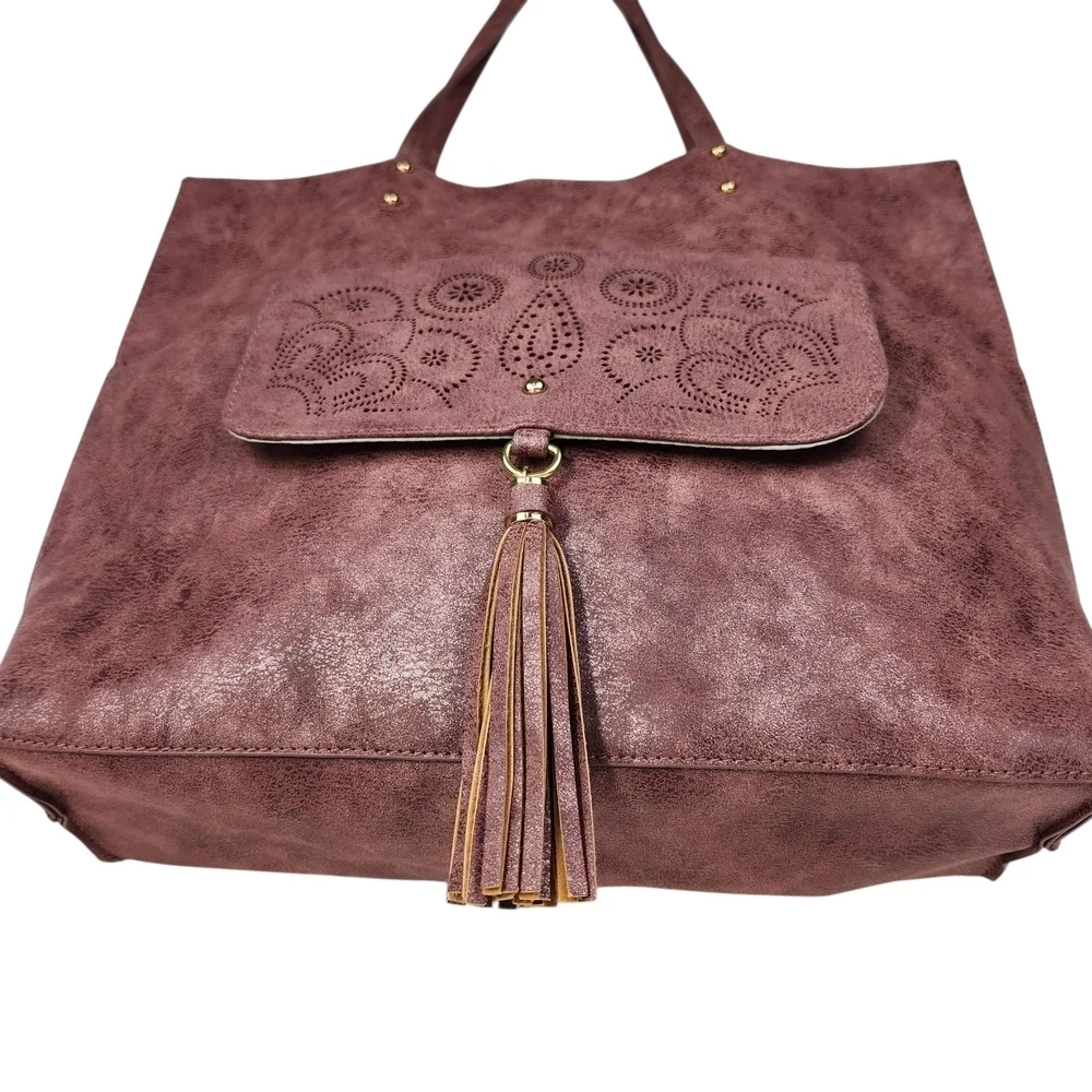 Vegan Leather Tote Bag With Tassel And Gold Trim Large Burgundy